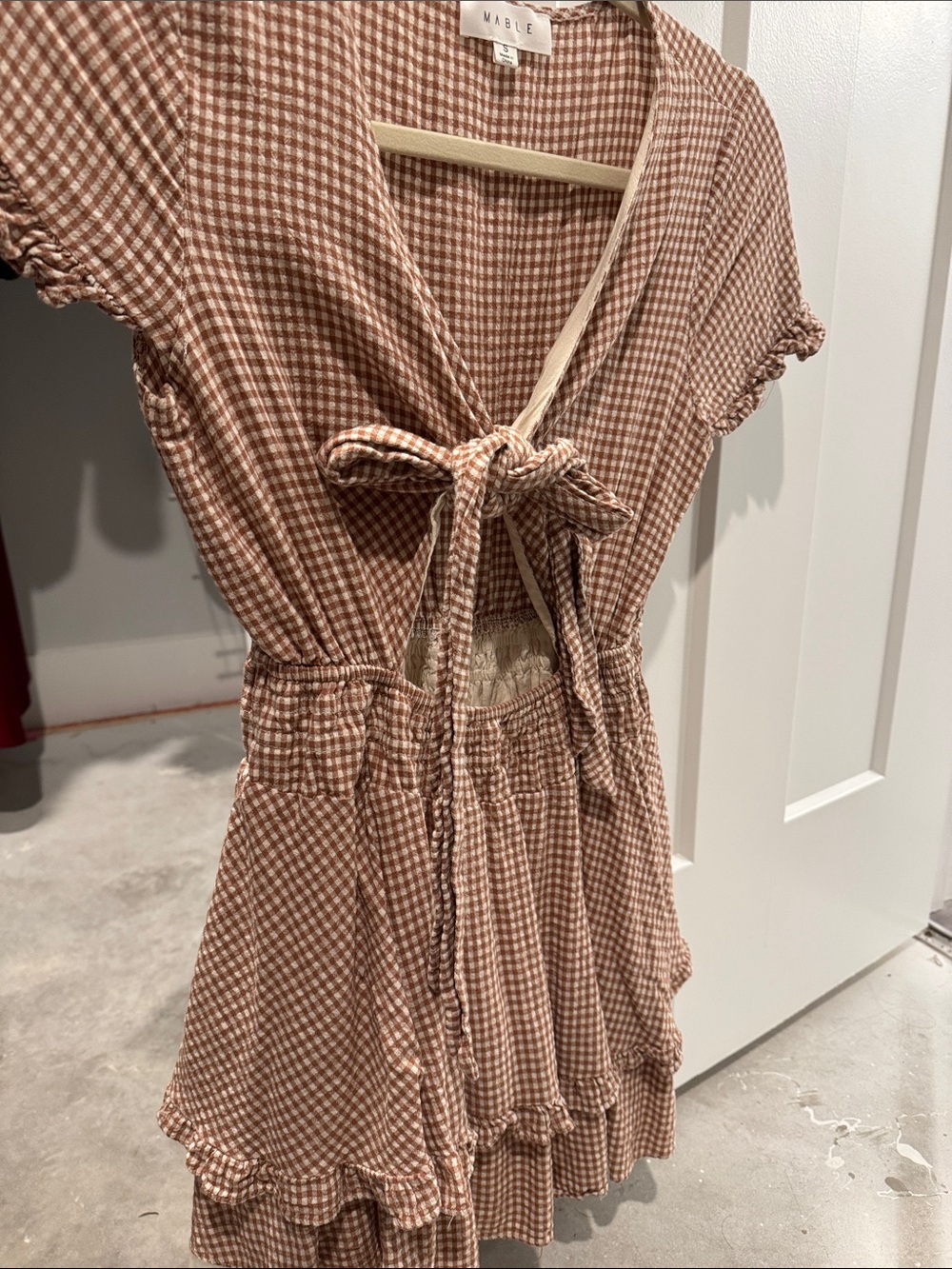MABLE Brown Gingham Tie-Front Jumpsuit Romper
